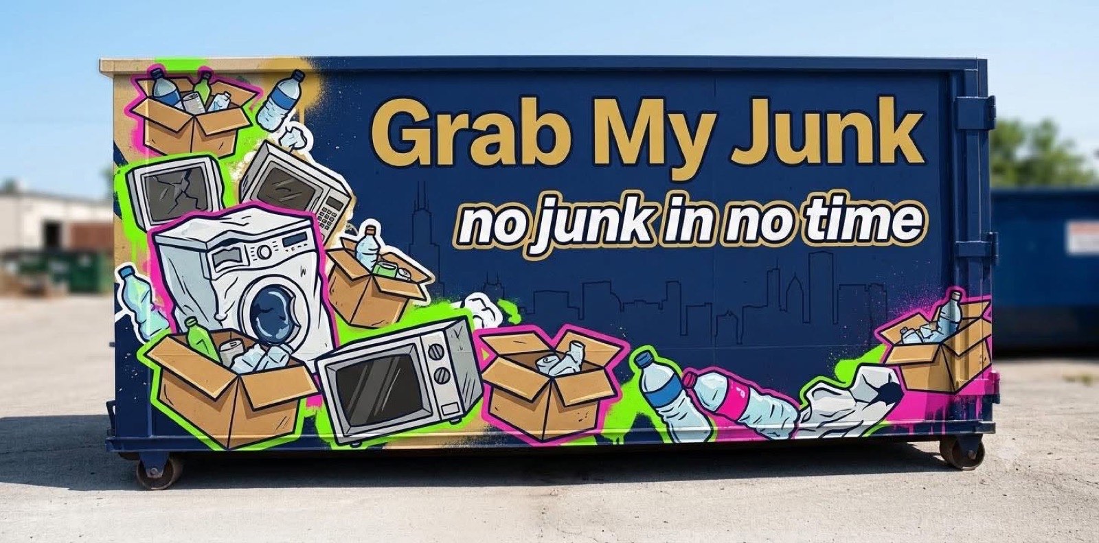 Grab My Junk dumpster with the brand's graffiti wrap and Chicago skyline artwork.