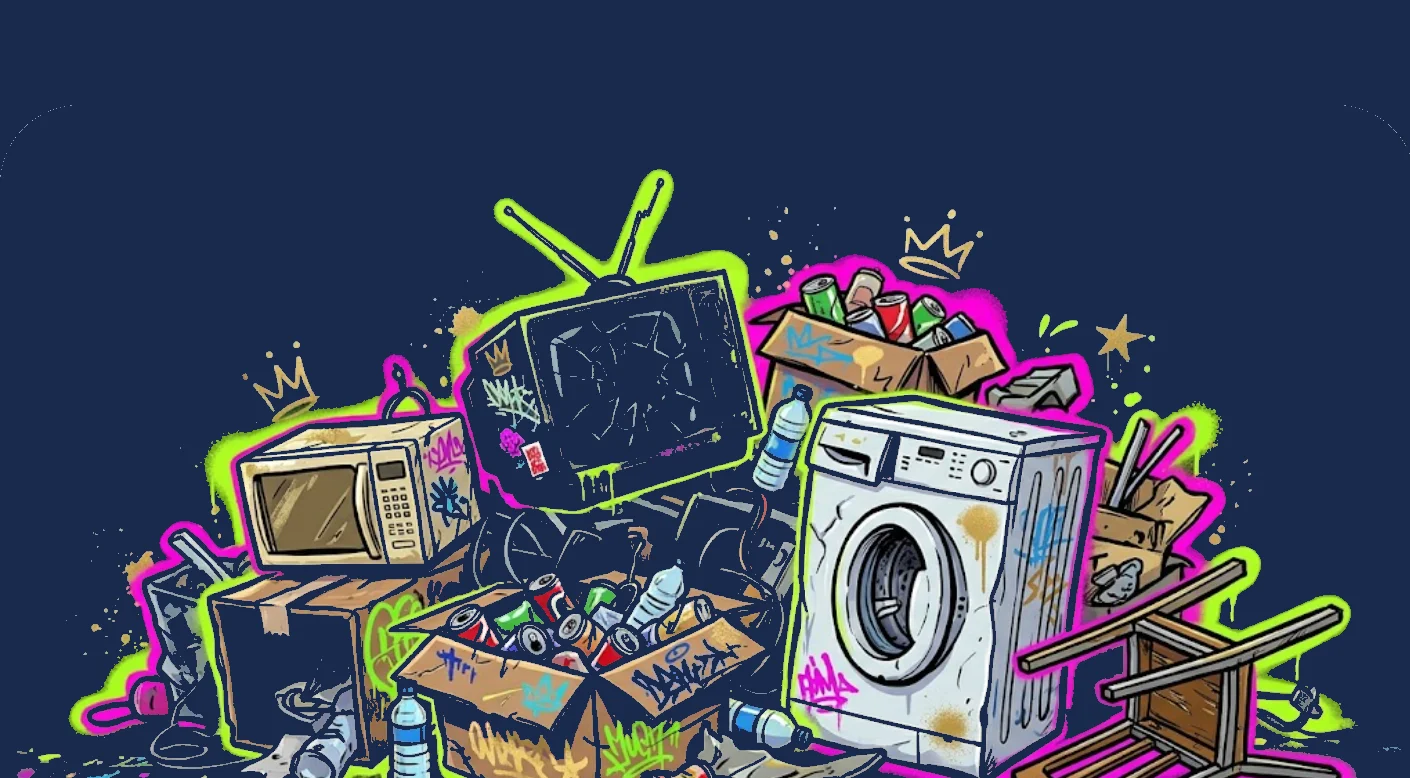Graffiti-style illustration of a household junk pile, an old washing machine, TV, chairs and boxes, on a Chicago street.
