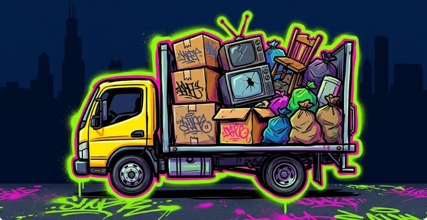 Graffiti-style illustration of a Grab My Junk box truck loaded with household junk.